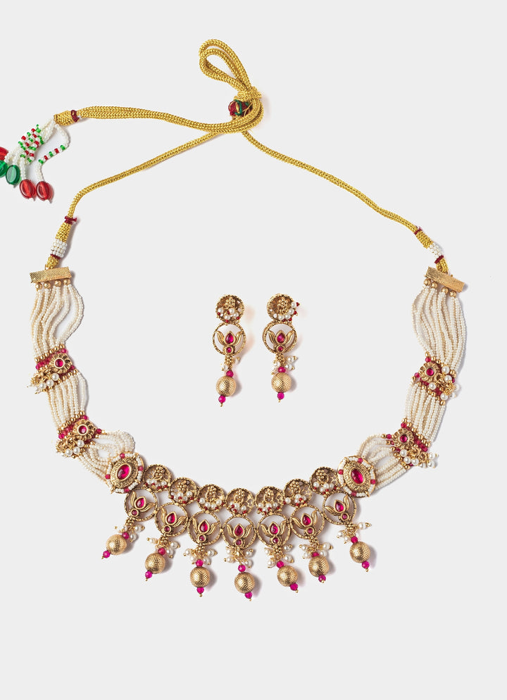 Gold Plated White And Pink Choker Necklace Set