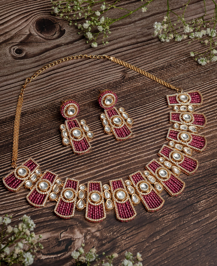 Gold Plated Pink Ruby And White Choker Necklace Set