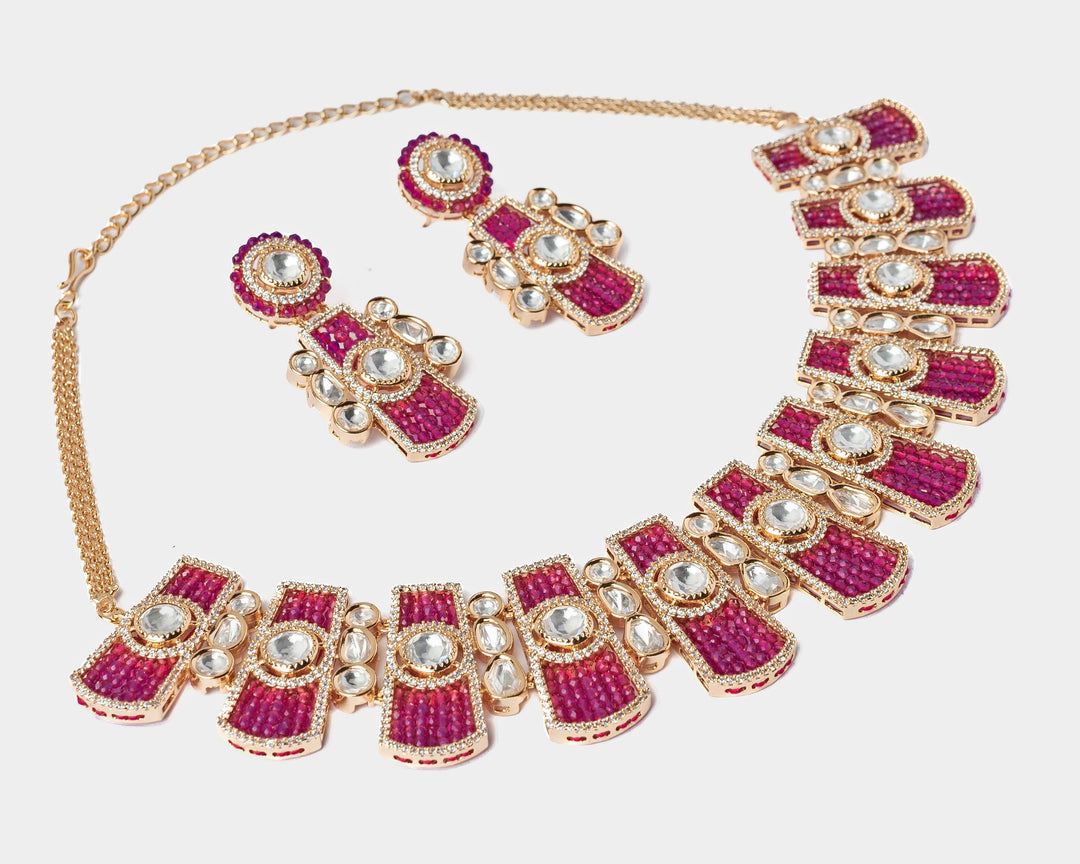 Gold Plated Pink Ruby And White Choker Necklace Set