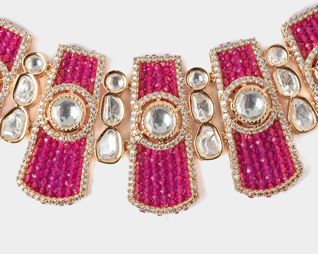 Gold Plated Pink Ruby And White Choker Necklace Set