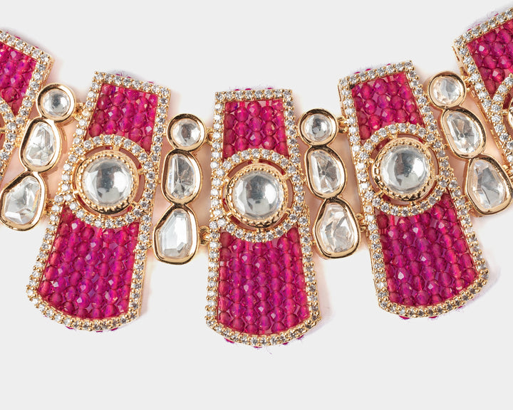 Gold Plated Pink Ruby And White Choker Necklace Set