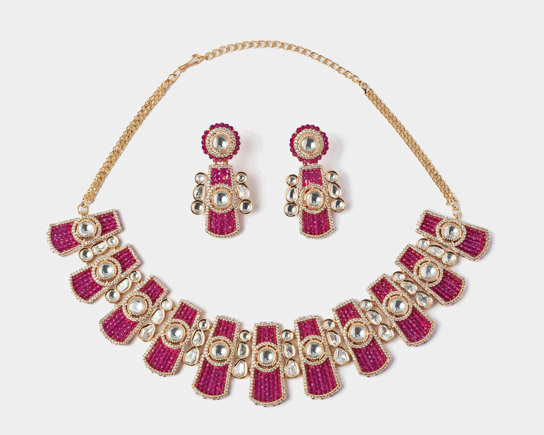 Gold Plated Pink Ruby And White Choker Necklace Set