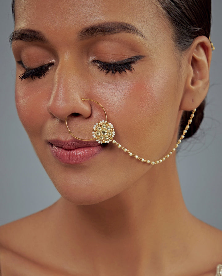 Gold Plated White Kundan And Polki Nath With Chain