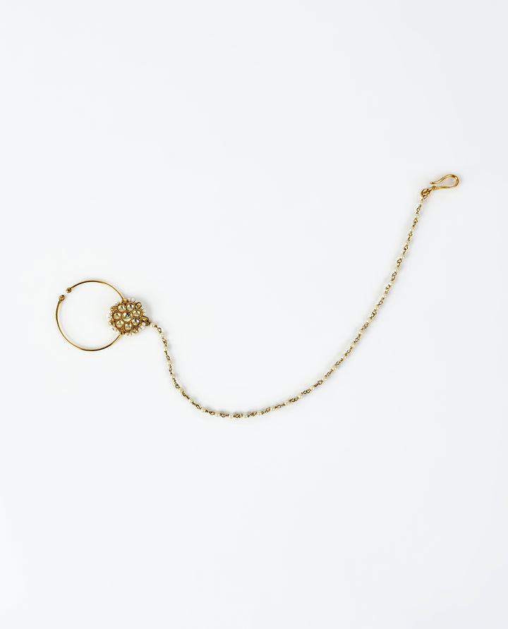 Gold Plated White Kundan And Polki Nath With Chain