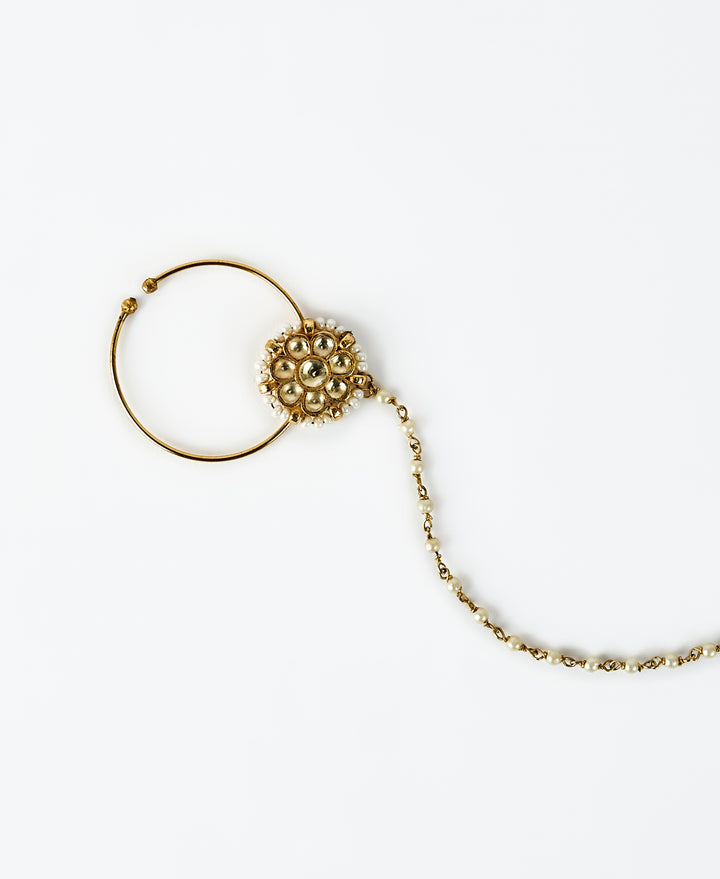 Gold Plated White Kundan And Polki Nath With Chain