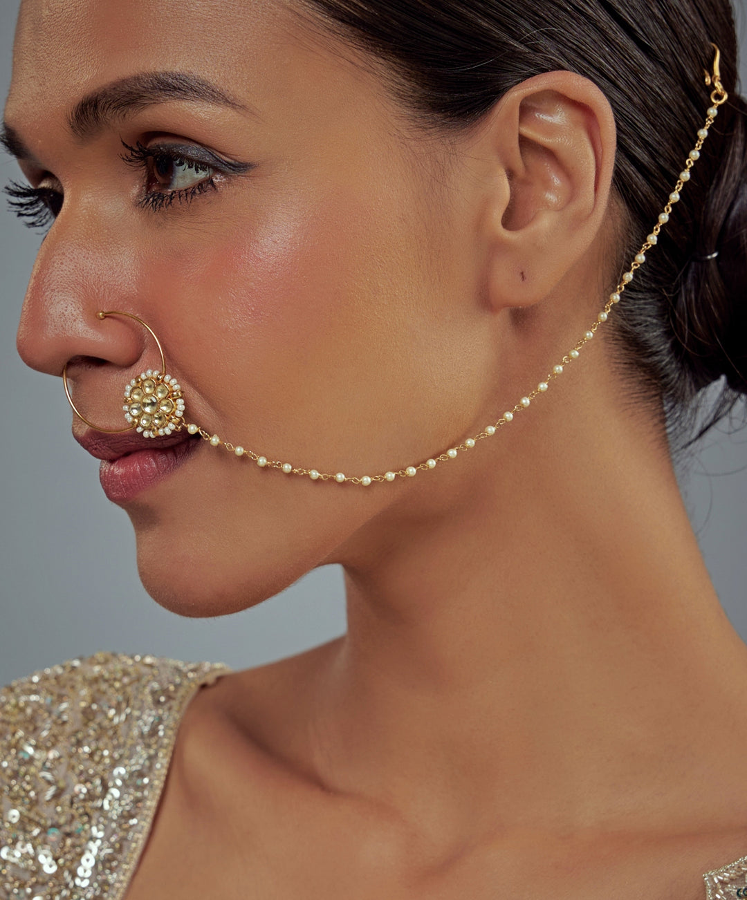 Gold Plated White Kundan And Polki Nath With Chain