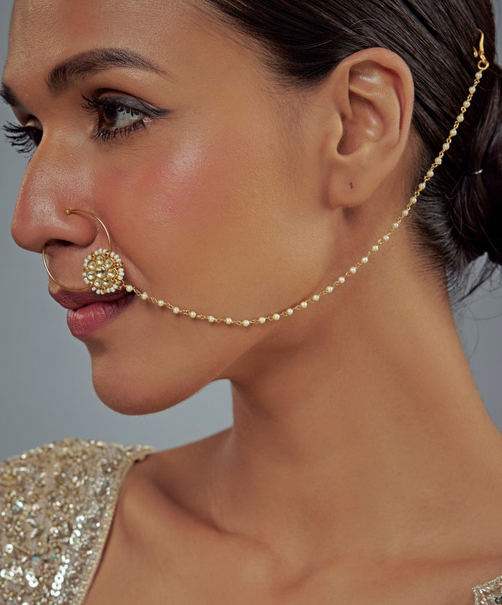 Gold Plated White Kundan And Polki Nath With Chain