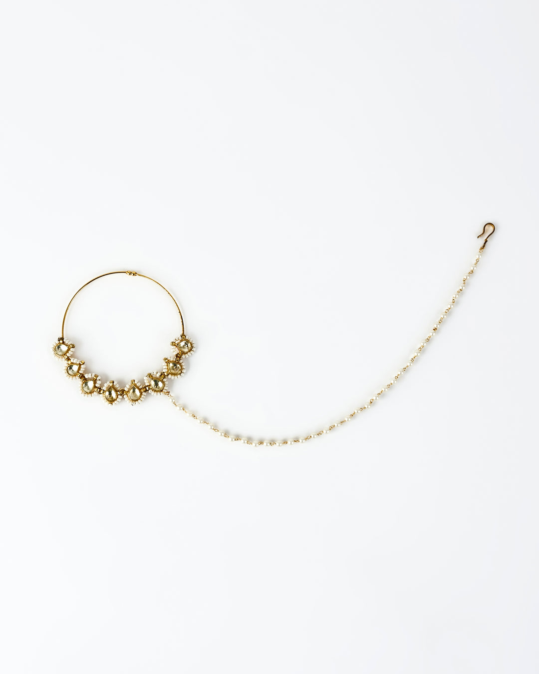 Gold Plated White Kundan And Pearl Nath With Chain