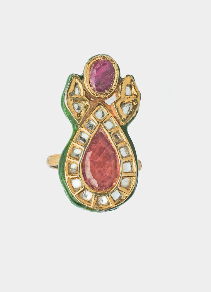 Gold Plated Pink Teardrop Kundan Ring