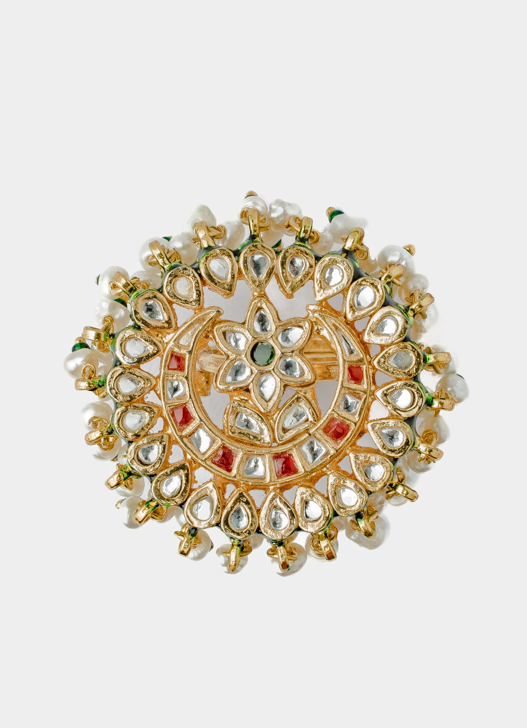Gold Plated Green Kundan And Polki Ring