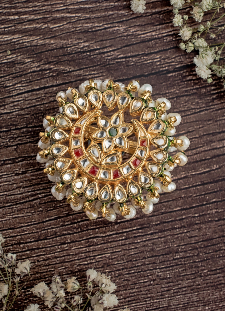 Gold Plated Green Kundan And Polki Ring
