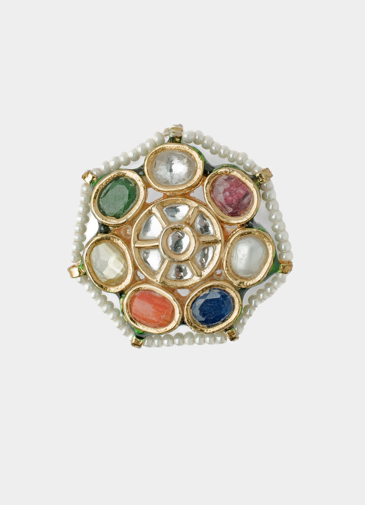 Gold Plated Multi Navratan Kundan And Polki Ring