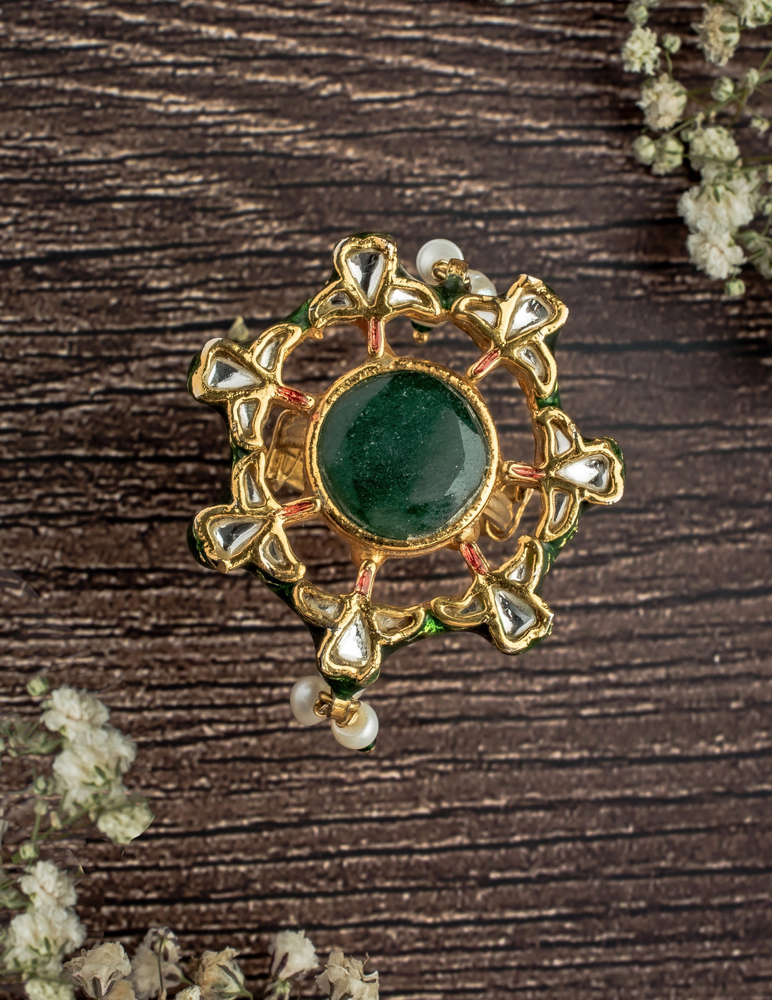 Gold Plated Green Beaded Kundan Ring