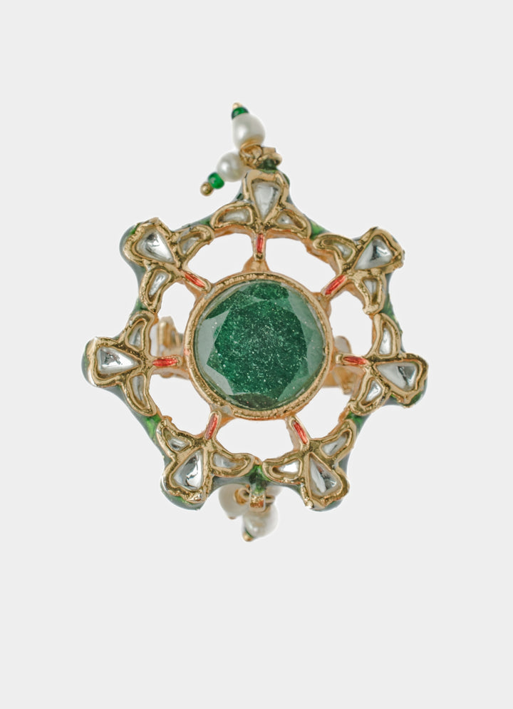 Gold Plated Green Beaded Kundan Ring