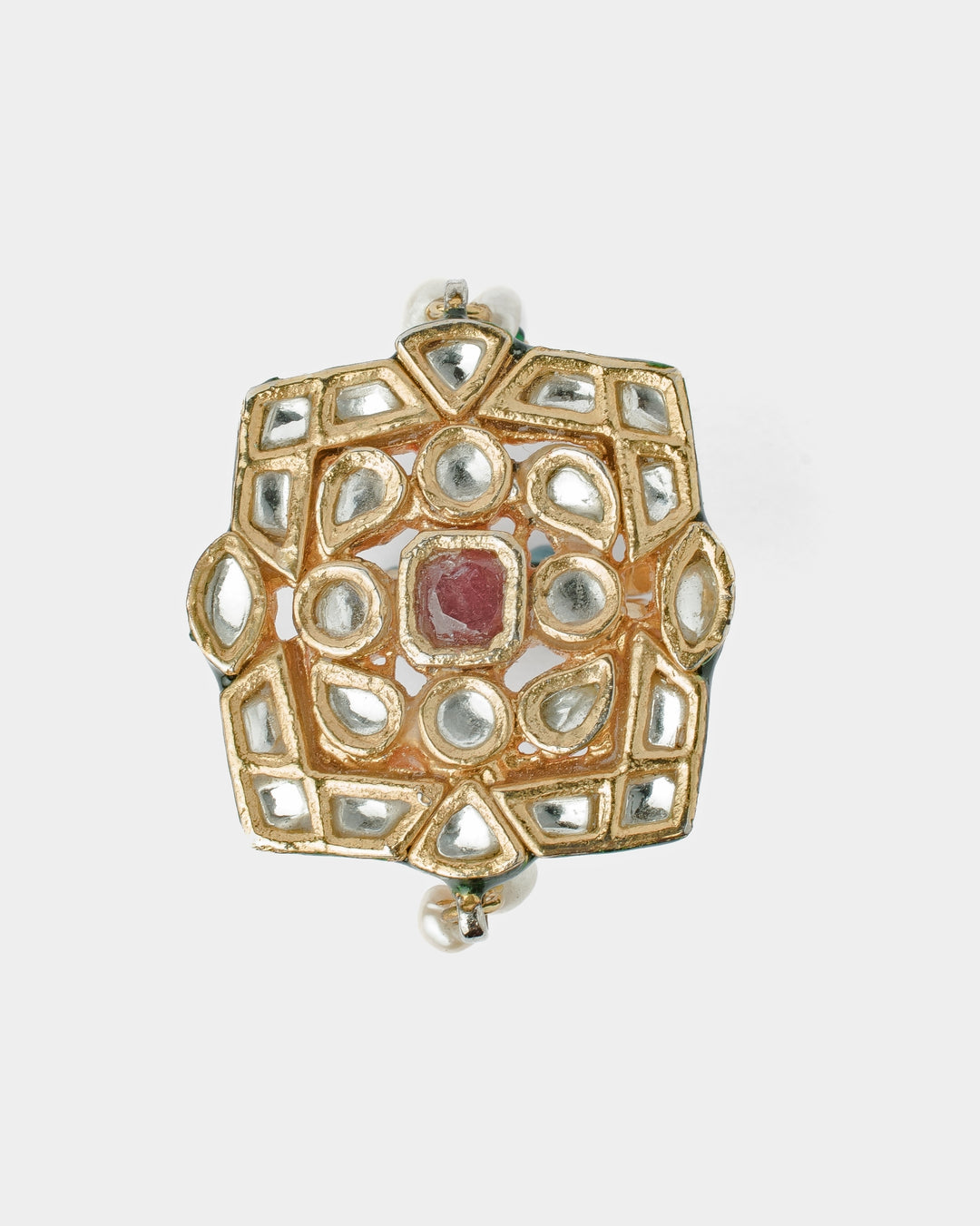 Gold Plated Maroon Beaded Kundan Ring