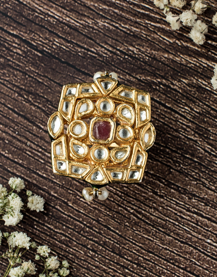 Gold Plated Maroon Beaded Kundan Ring
