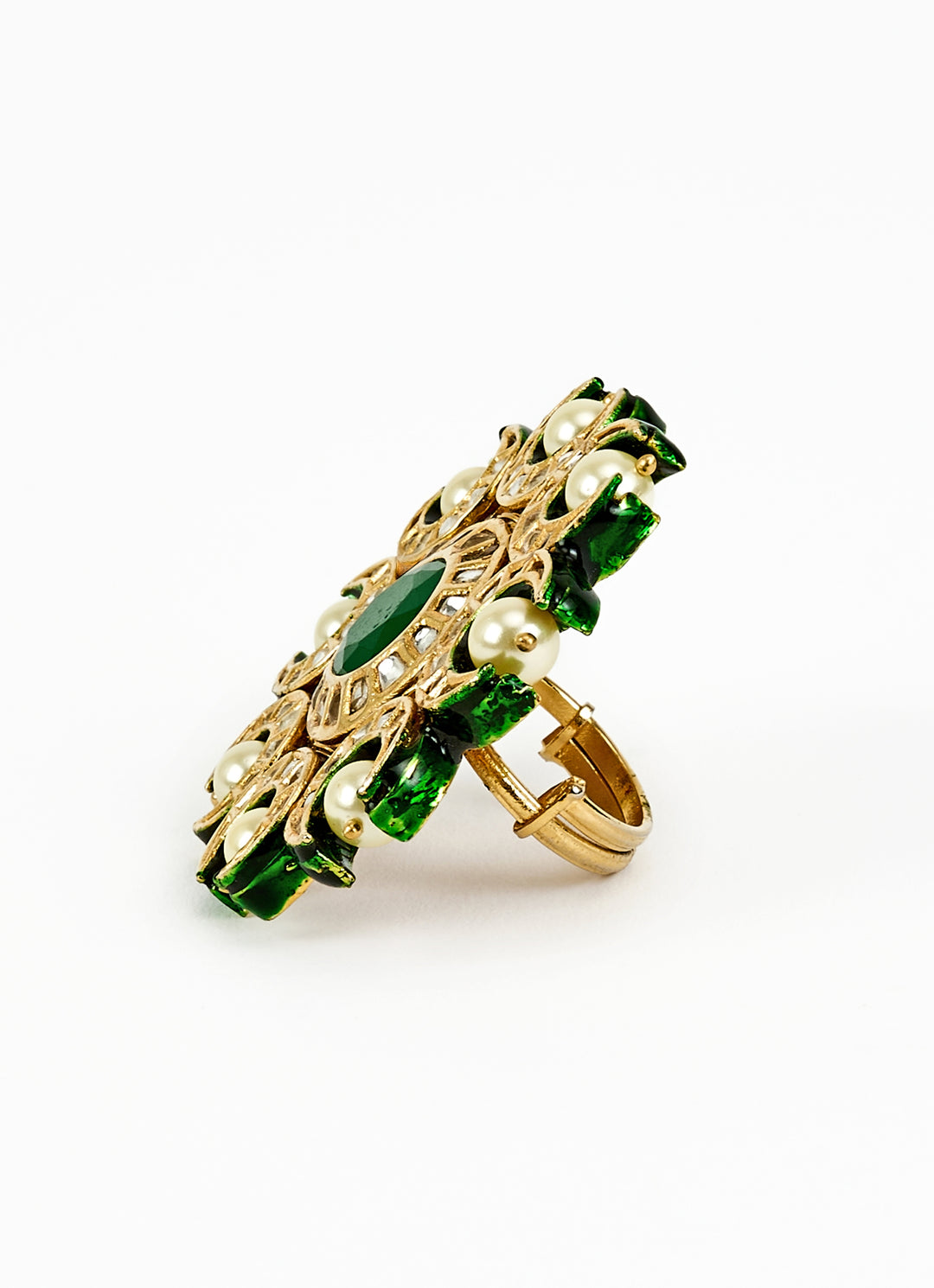 Gold Plated Green And Pearl Ring