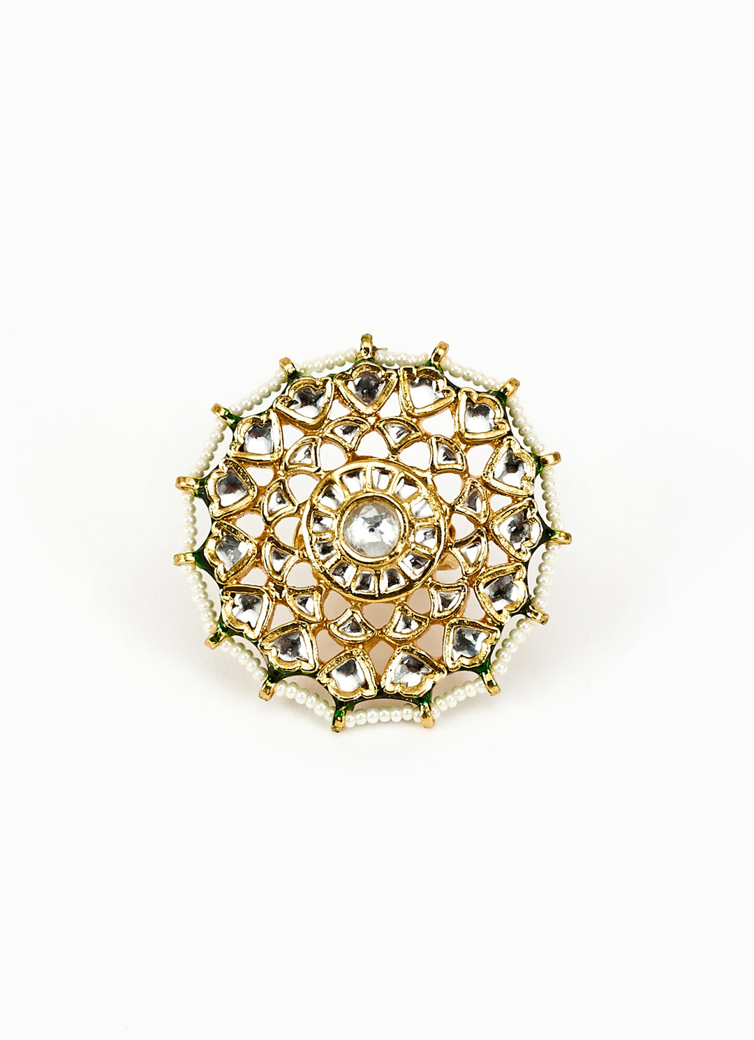 Gold Plated Green Stone Kundan And Polki Ring