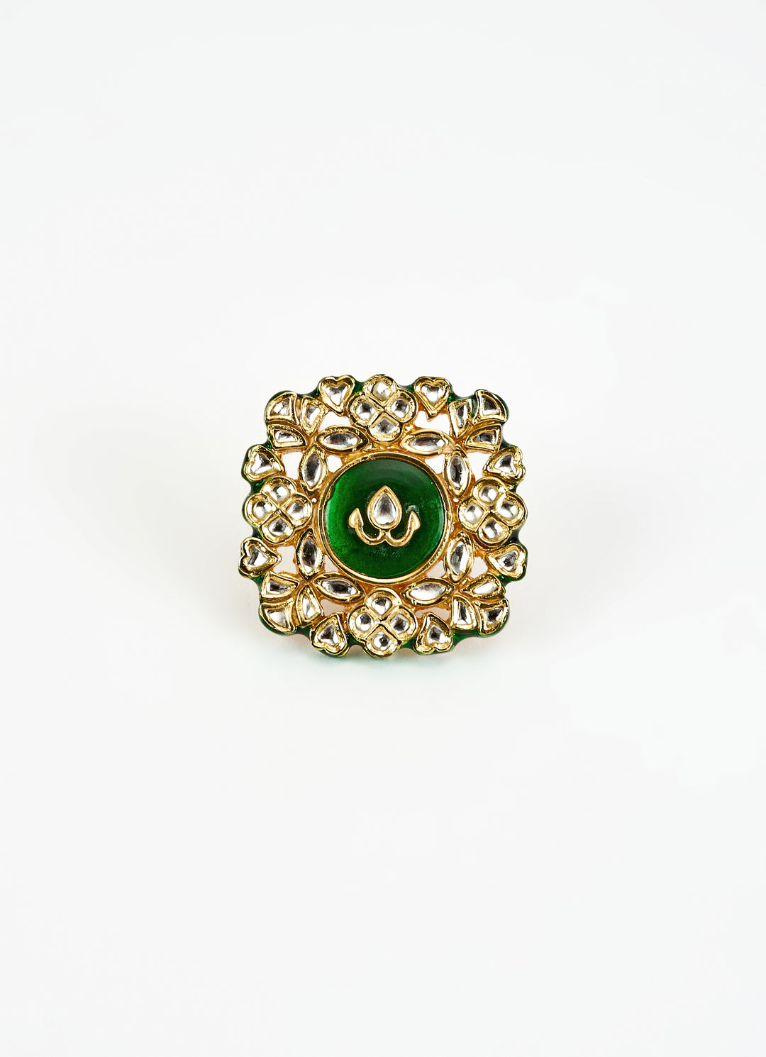 Gold Plated Green Meenakari And Kundan Studded Ring