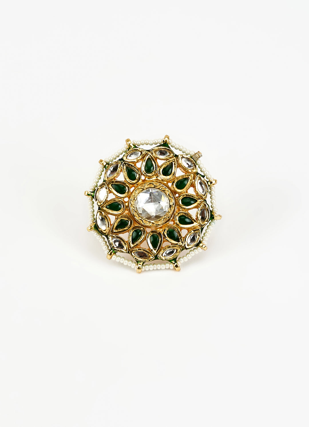 Gold Plated White Kundan Green Stone And Polki Ring