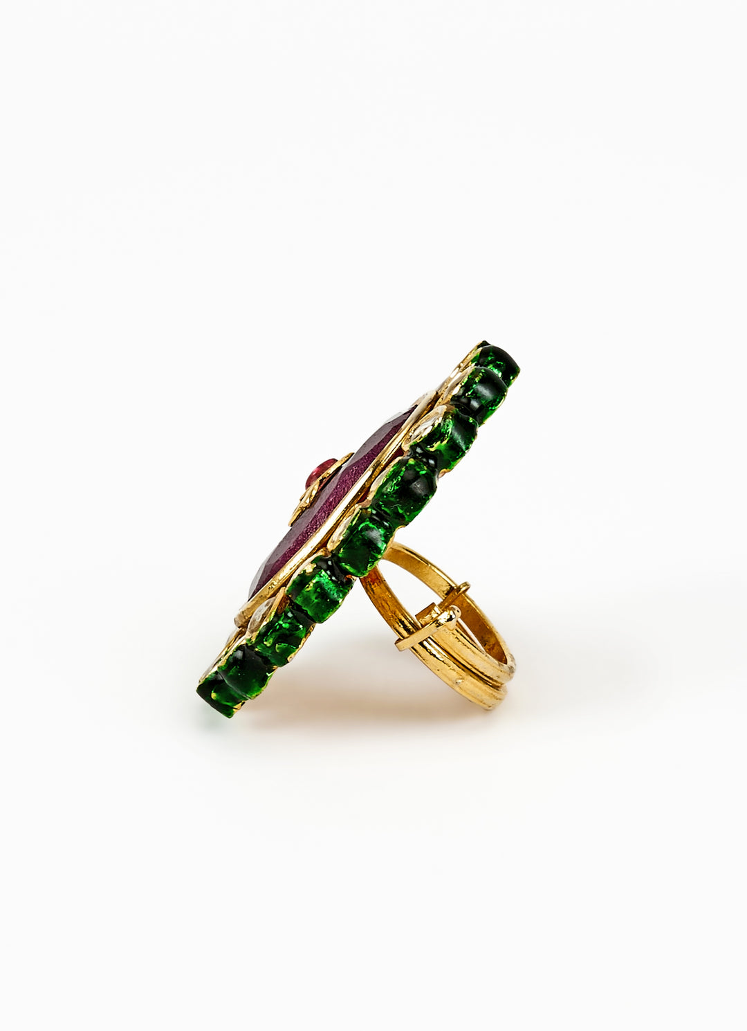 Gold Plated Oval Design Red Ruby And Kundan Ring