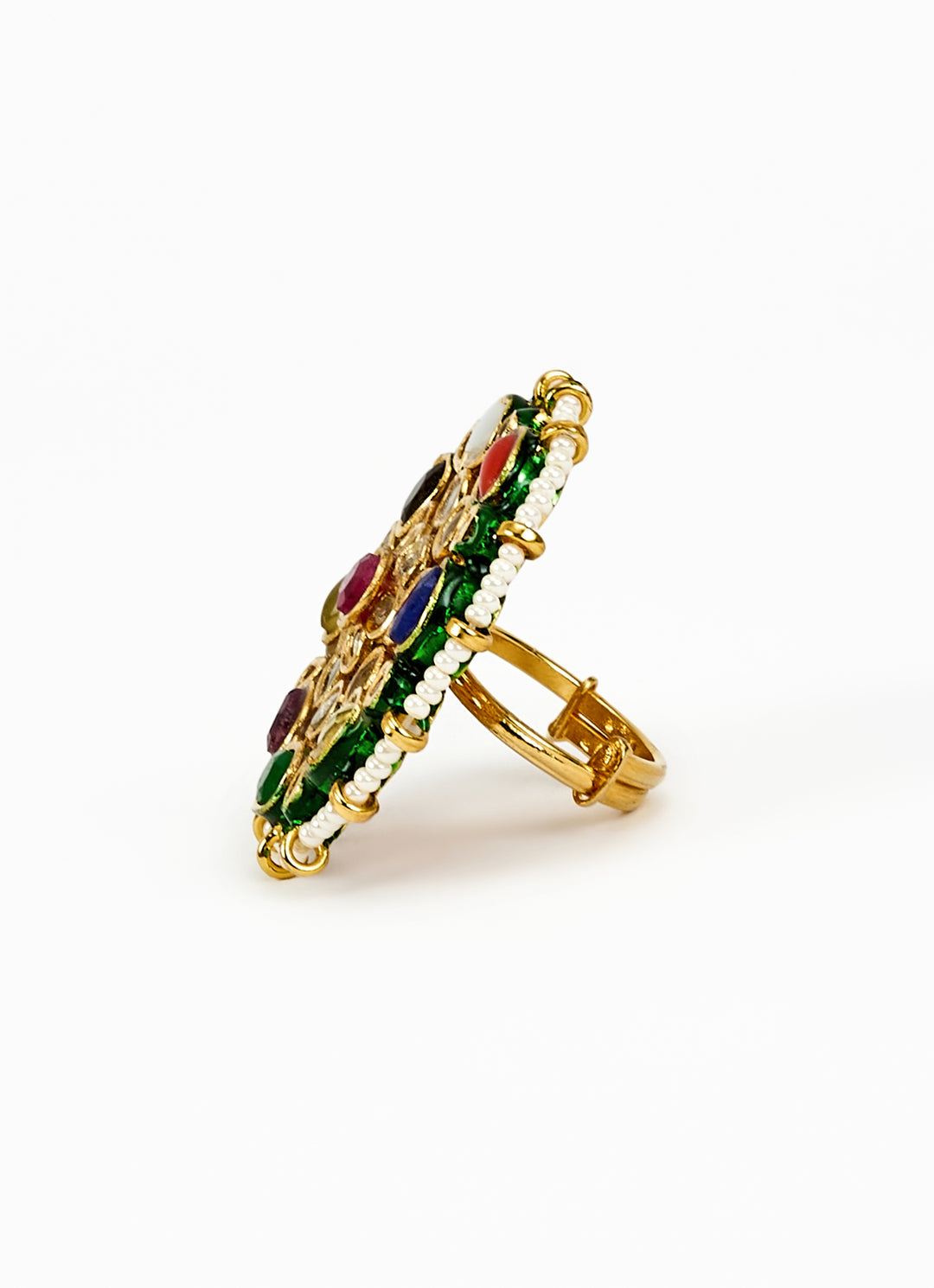 Gold Plated Multi Stone Kundan And Polki Ring