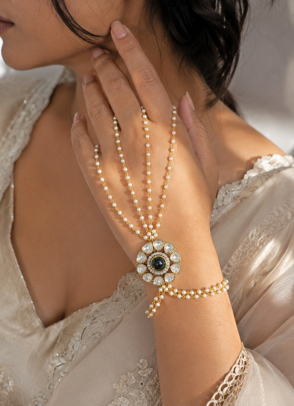 Polki And Pearl Floral Haathphool Bracelet