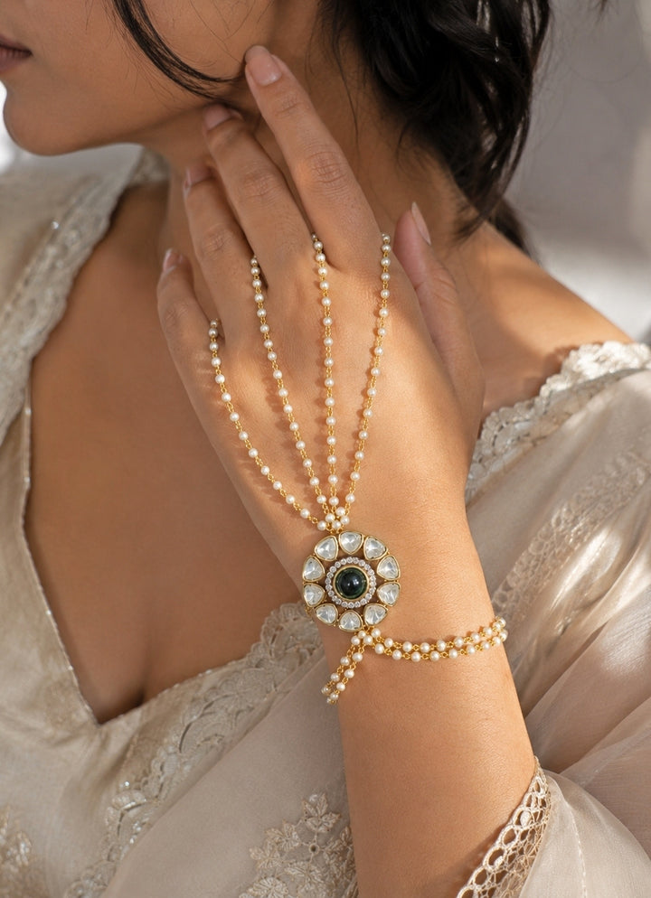 Polki And Pearl Floral Haathphool Bracelet
