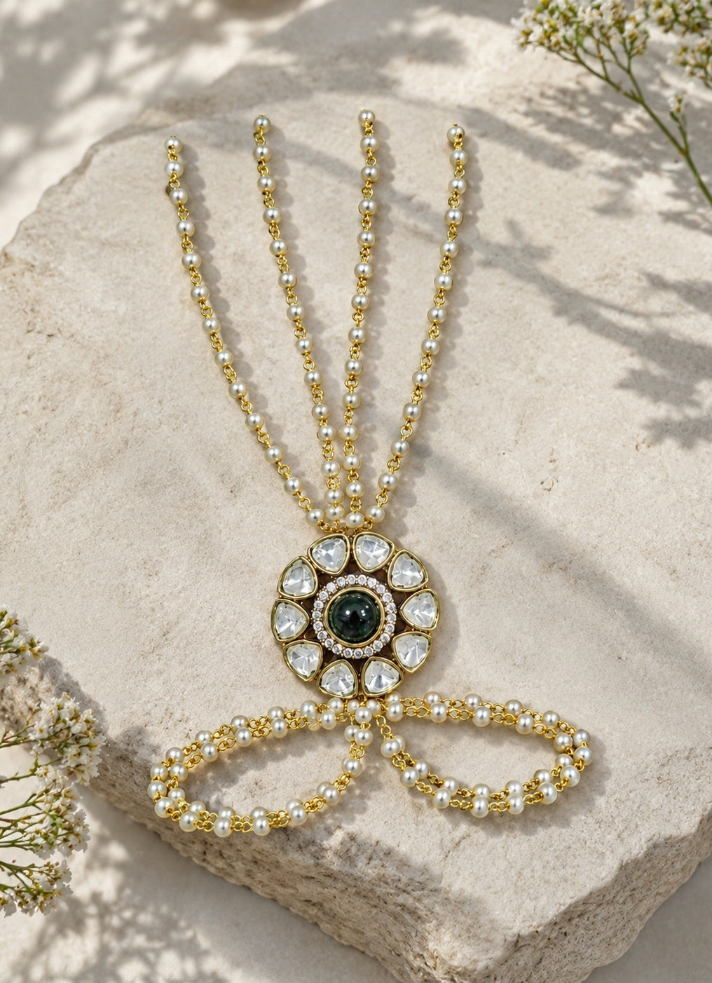 Polki And Pearl Floral Haathphool Bracelet