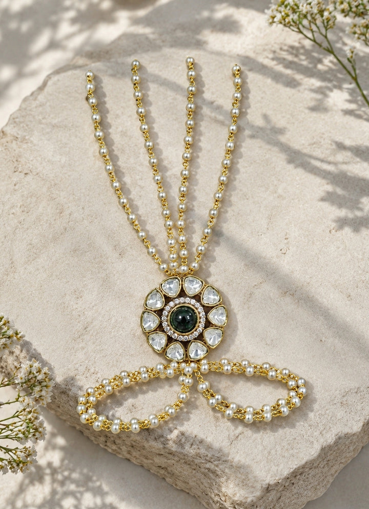 Polki And Pearl Floral Haathphool Bracelet