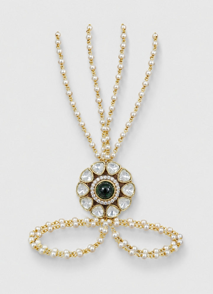 Polki And Pearl Floral Haathphool Bracelet