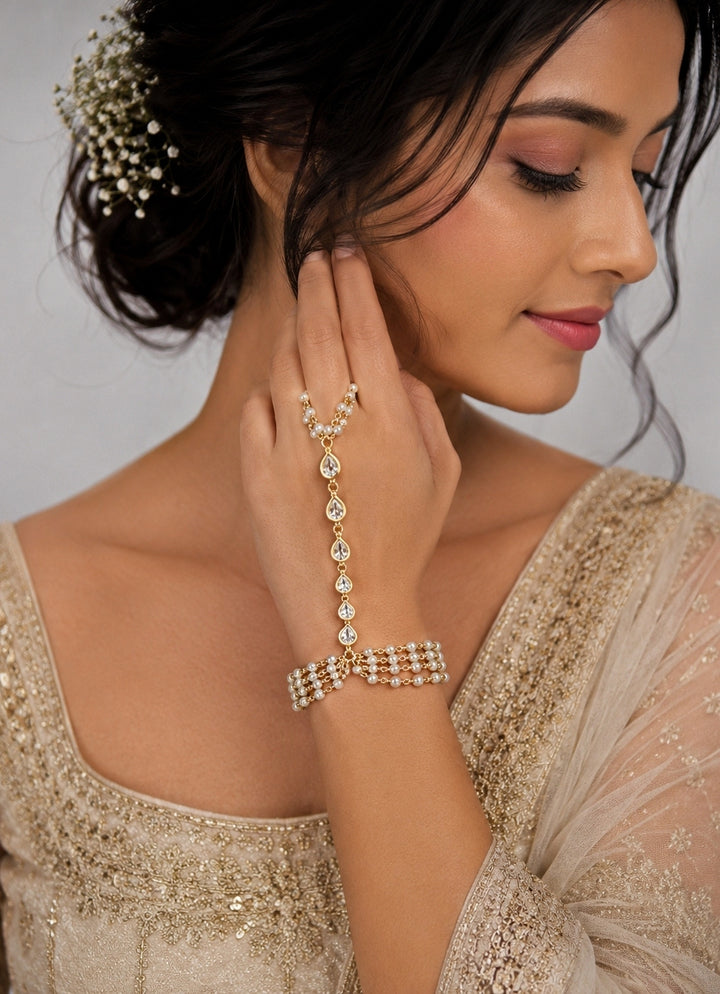 Pearl &amp; Polki Bridal Haathphool Bracelet