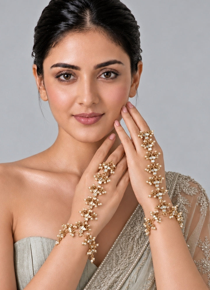 Gold Plated Pearl Kundan Hathphool