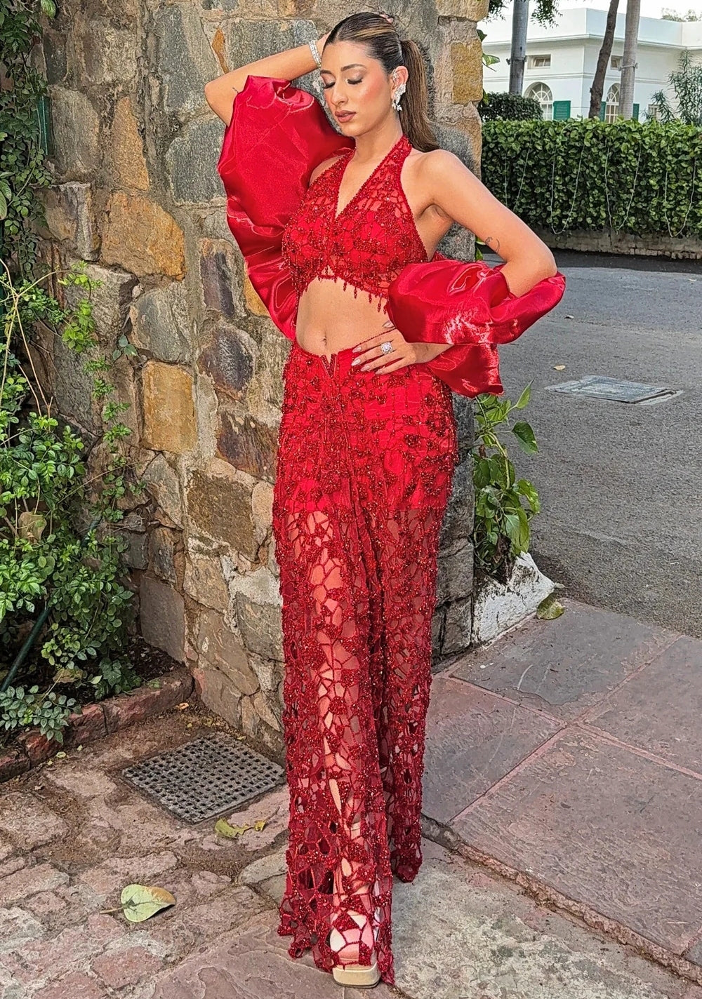 Red Shimmer Organza Skirt Set With Cape