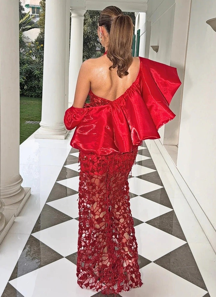 Red Shimmer Organza Skirt Set With Cape