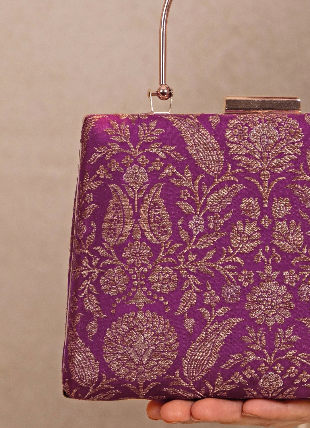 Purple Raw Silk Top Handle Clutch