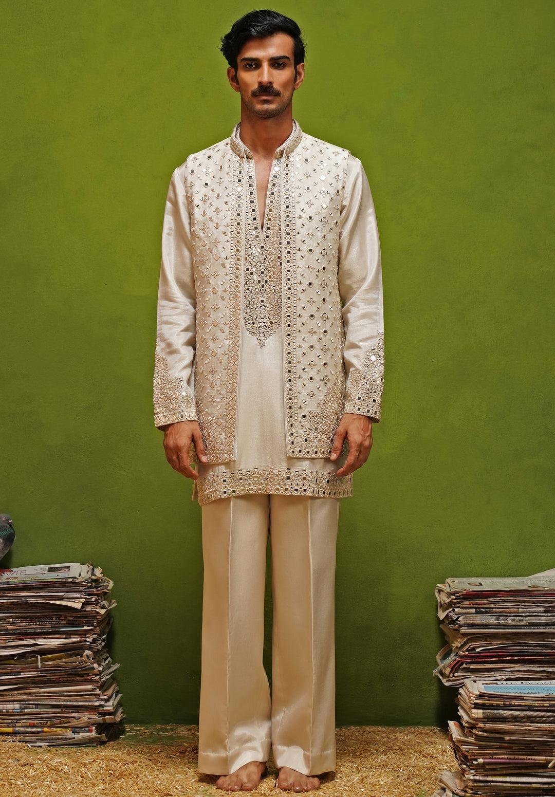 Ivory Tissue Silk Nehru Jacket Set