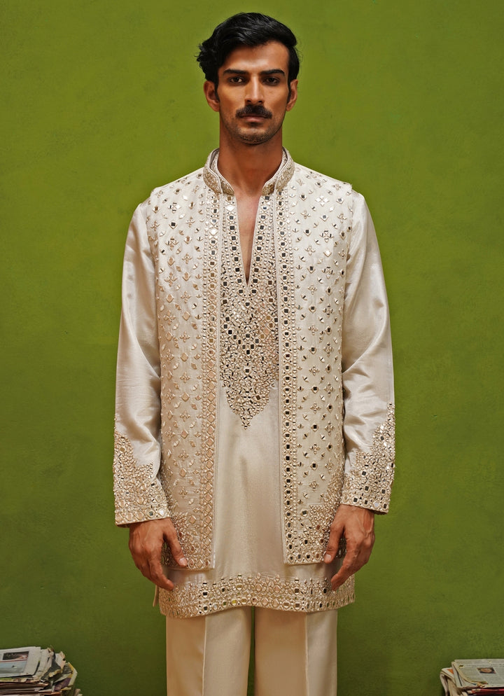 Ivory Tissue Silk Nehru Jacket Set