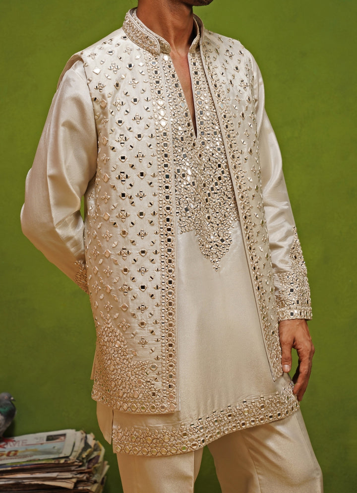 Ivory Tissue Silk Nehru Jacket Set