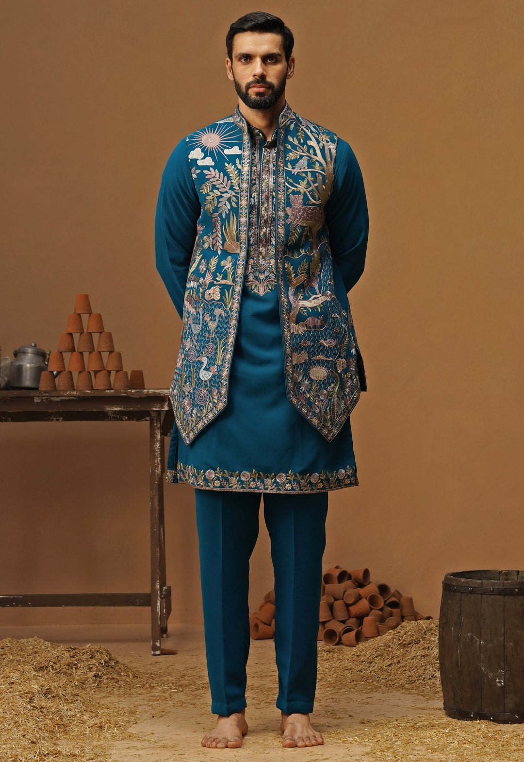 Teal Blue Georgette Nehru Jacket Set