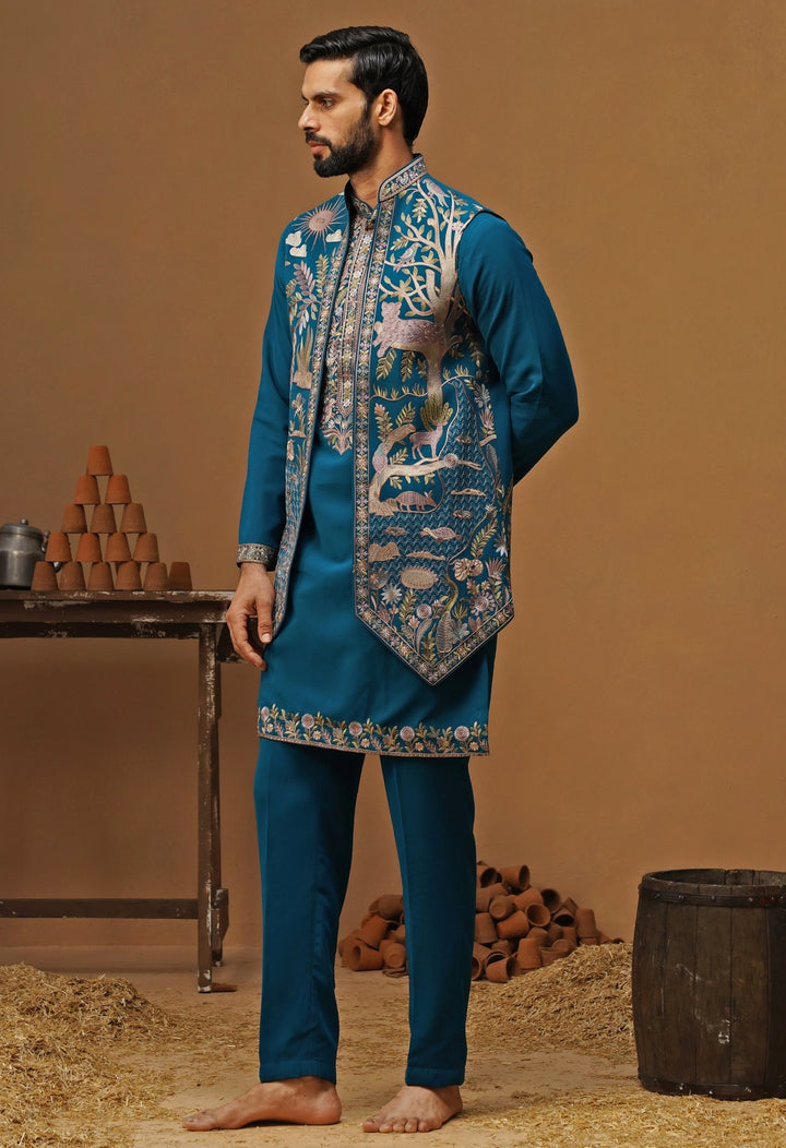 Teal Blue Georgette Nehru Jacket Set