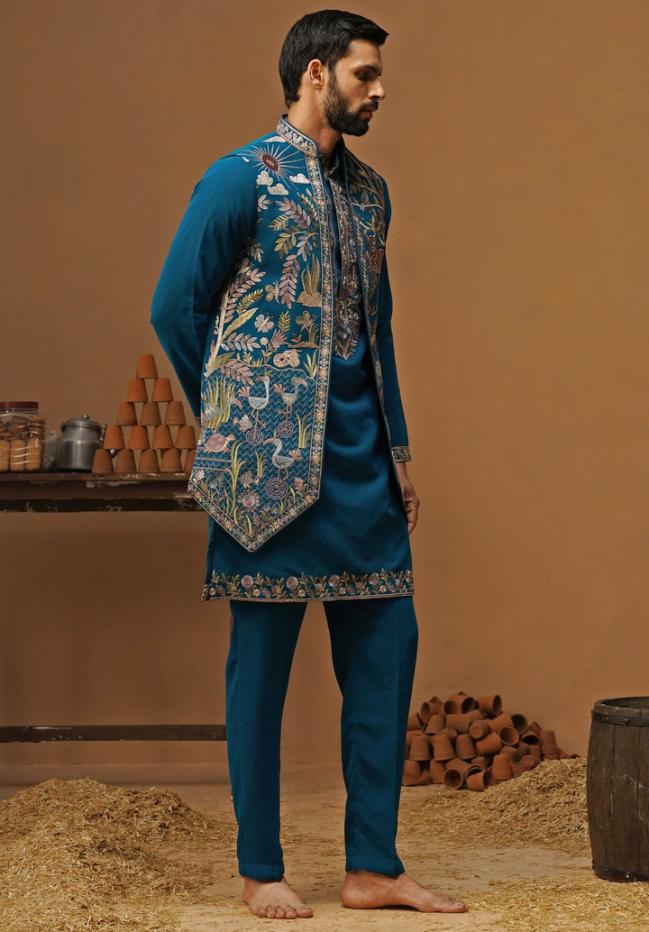 Teal Blue Georgette Nehru Jacket Set
