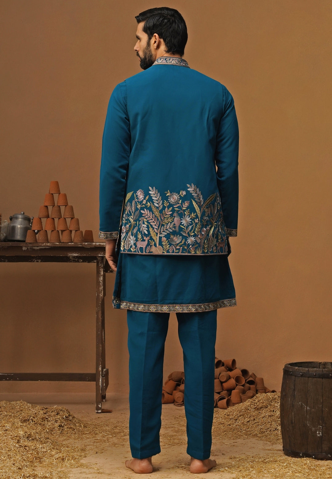 Teal Blue Georgette Nehru Jacket Set