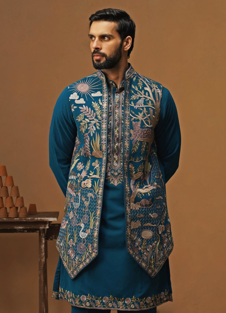 Teal Blue Georgette Nehru Jacket Set