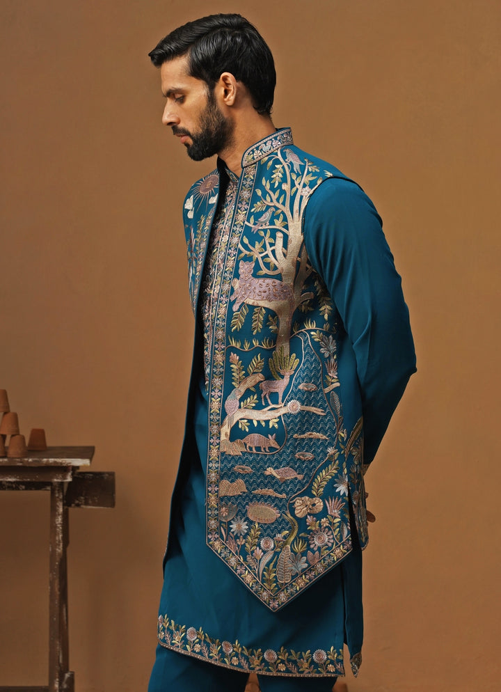 Teal Blue Georgette Nehru Jacket Set