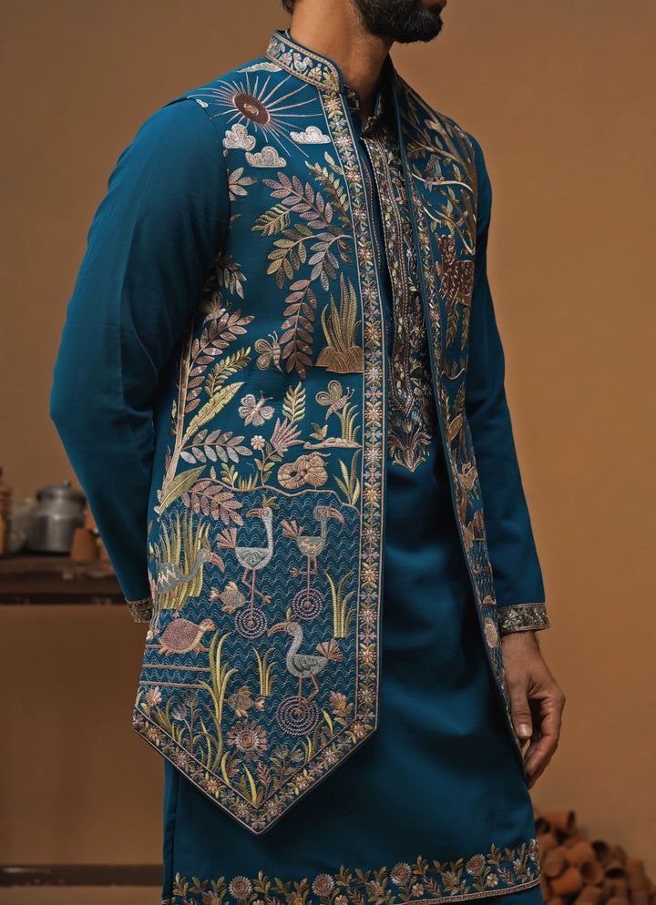 Teal Blue Georgette Nehru Jacket Set