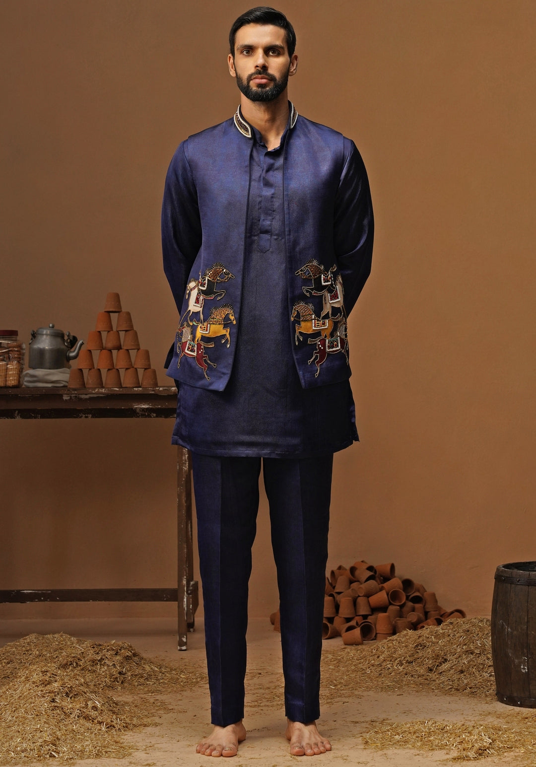 Navy Blue Satin Silk Short Kurta Jacket Set