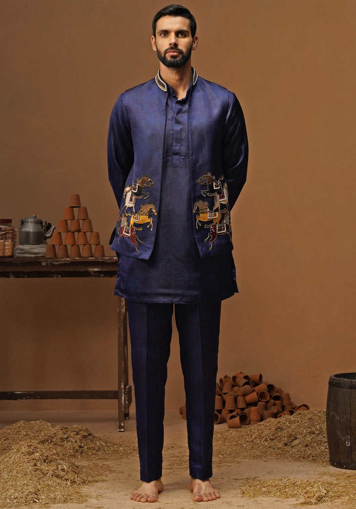 Navy Blue Satin Silk Short Kurta Jacket Set