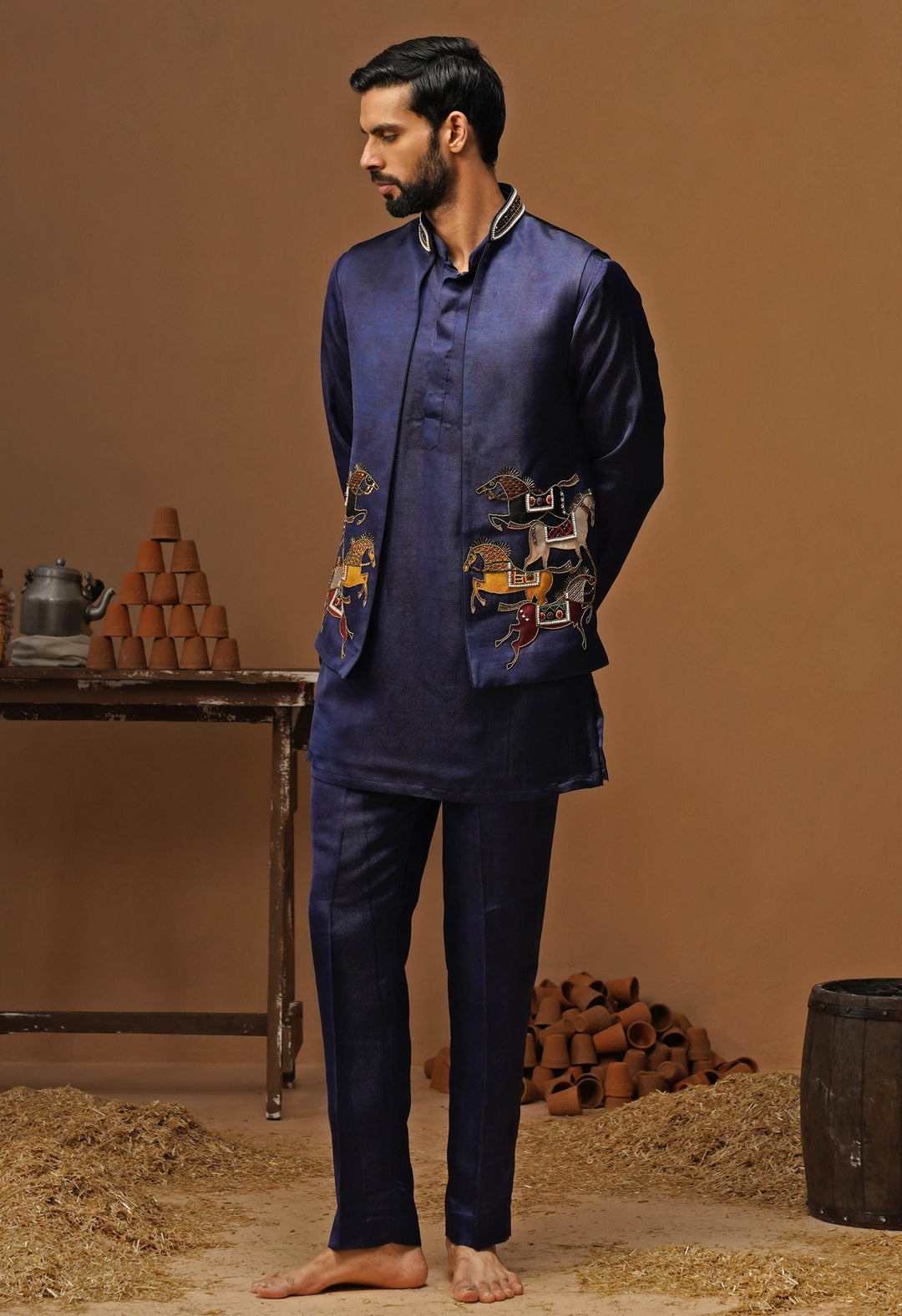Navy Blue Satin Silk Short Kurta Jacket Set