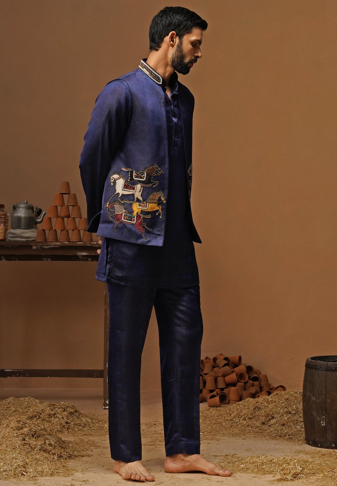 Navy Blue Satin Silk Short Kurta Jacket Set